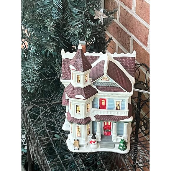 Christmas Village House  Lighted Ceramic Porcelain Blue Victorian Snow - Picture 10 of 16